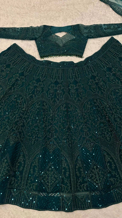 Emerald Green Net Lehenga Choli with Dori Sequin and Thread Embroidery for Wedding