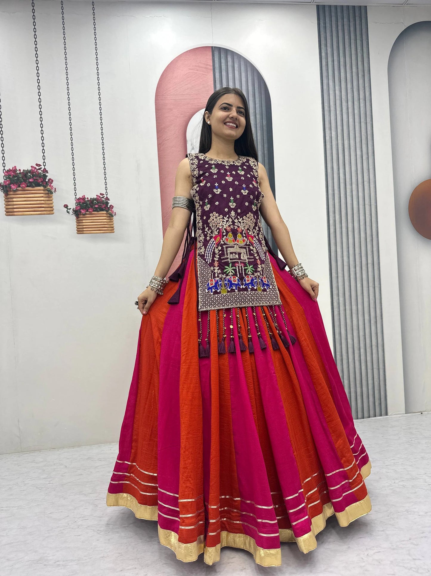 Fully Stitched Heavy Work Vichitra Silk Lehenga with Shrug for Navratri