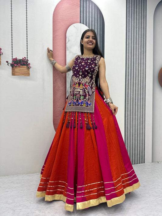 Fully Stitched Heavy Work Vichitra Silk Lehenga with Shrug for Navratri