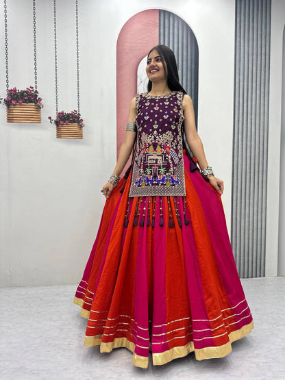 Fully Stitched Heavy Work Vichitra Silk Lehenga with Shrug for Navratri