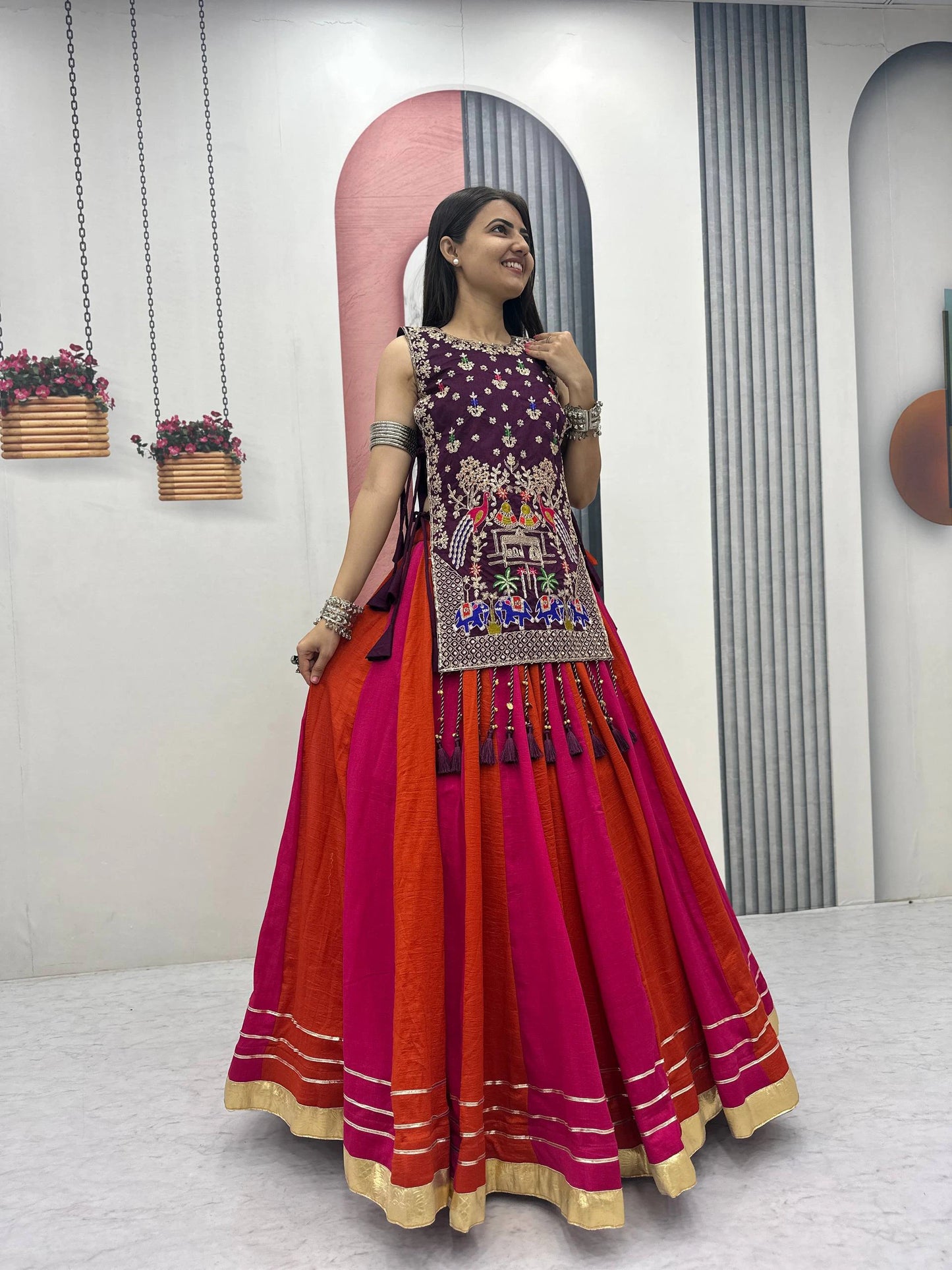 Fully Stitched Heavy Work Vichitra Silk Lehenga with Shrug for Navratri