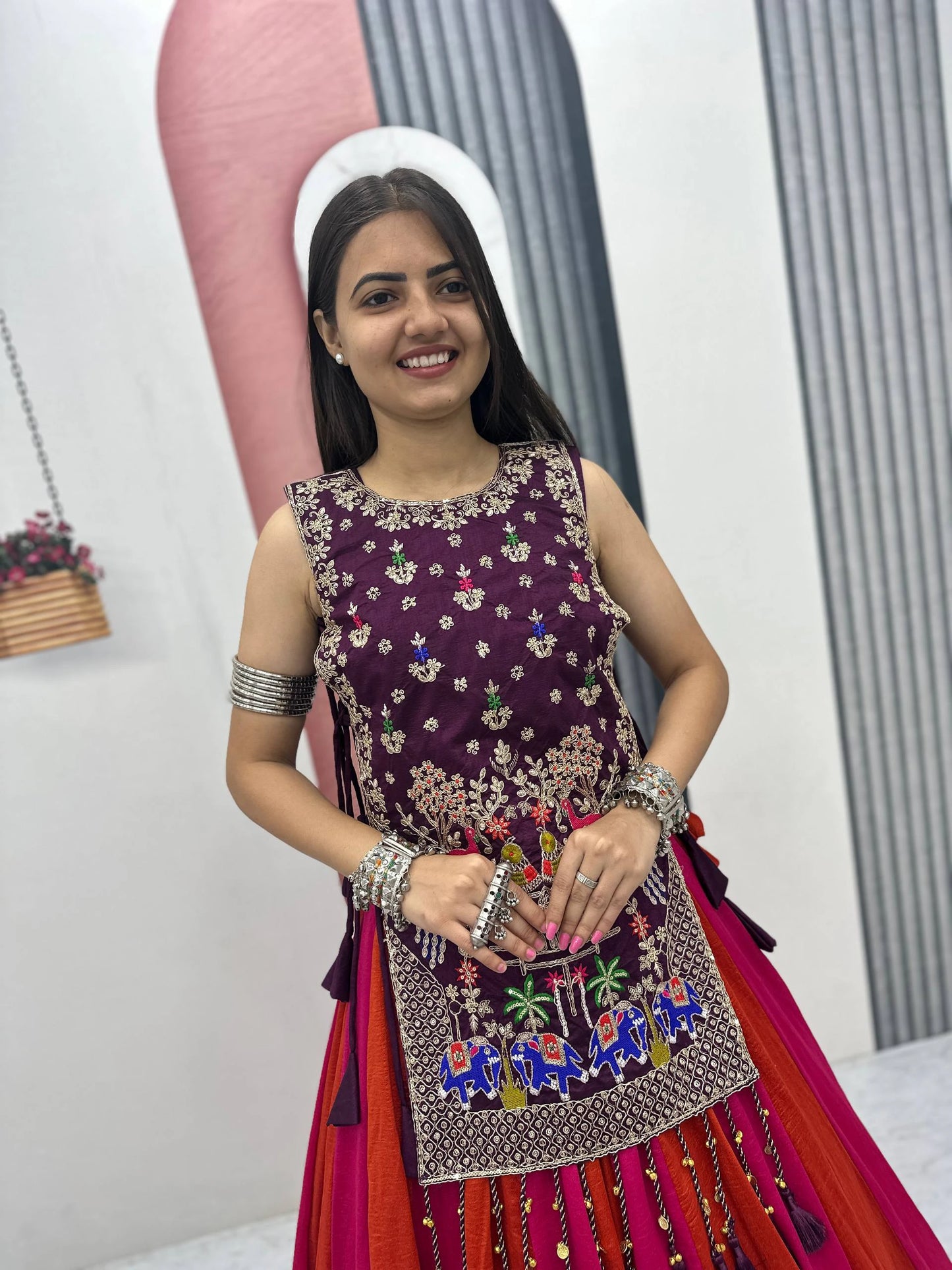 Fully Stitched Heavy Work Vichitra Silk Lehenga with Shrug for Navratri