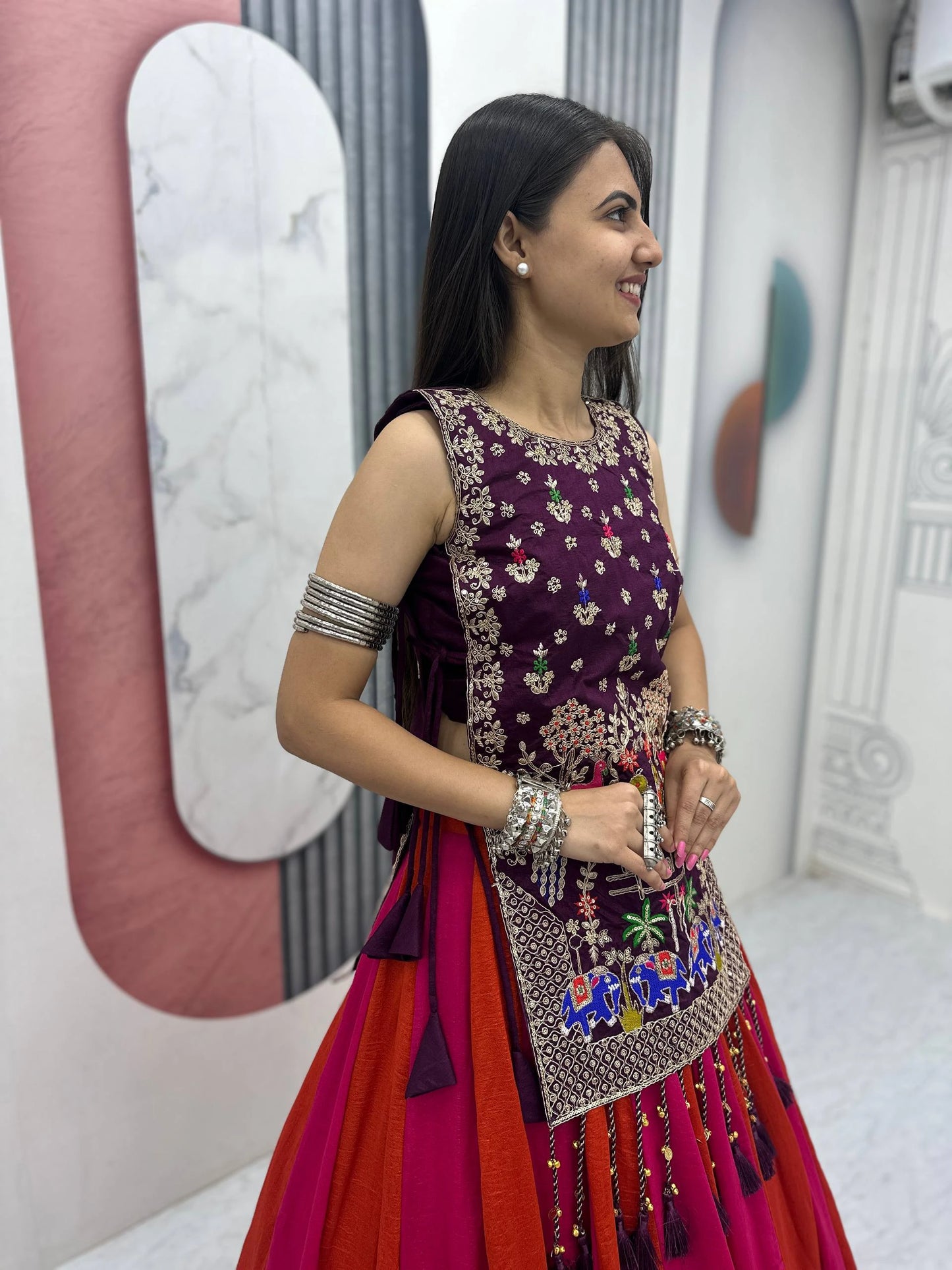 Fully Stitched Heavy Work Vichitra Silk Lehenga with Shrug for Navratri
