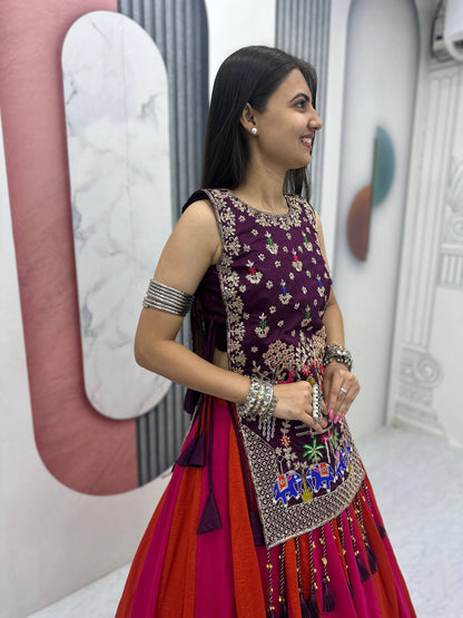 Fully Stitched Heavy Work Vichitra Silk Lehenga with Shrug for Navratri