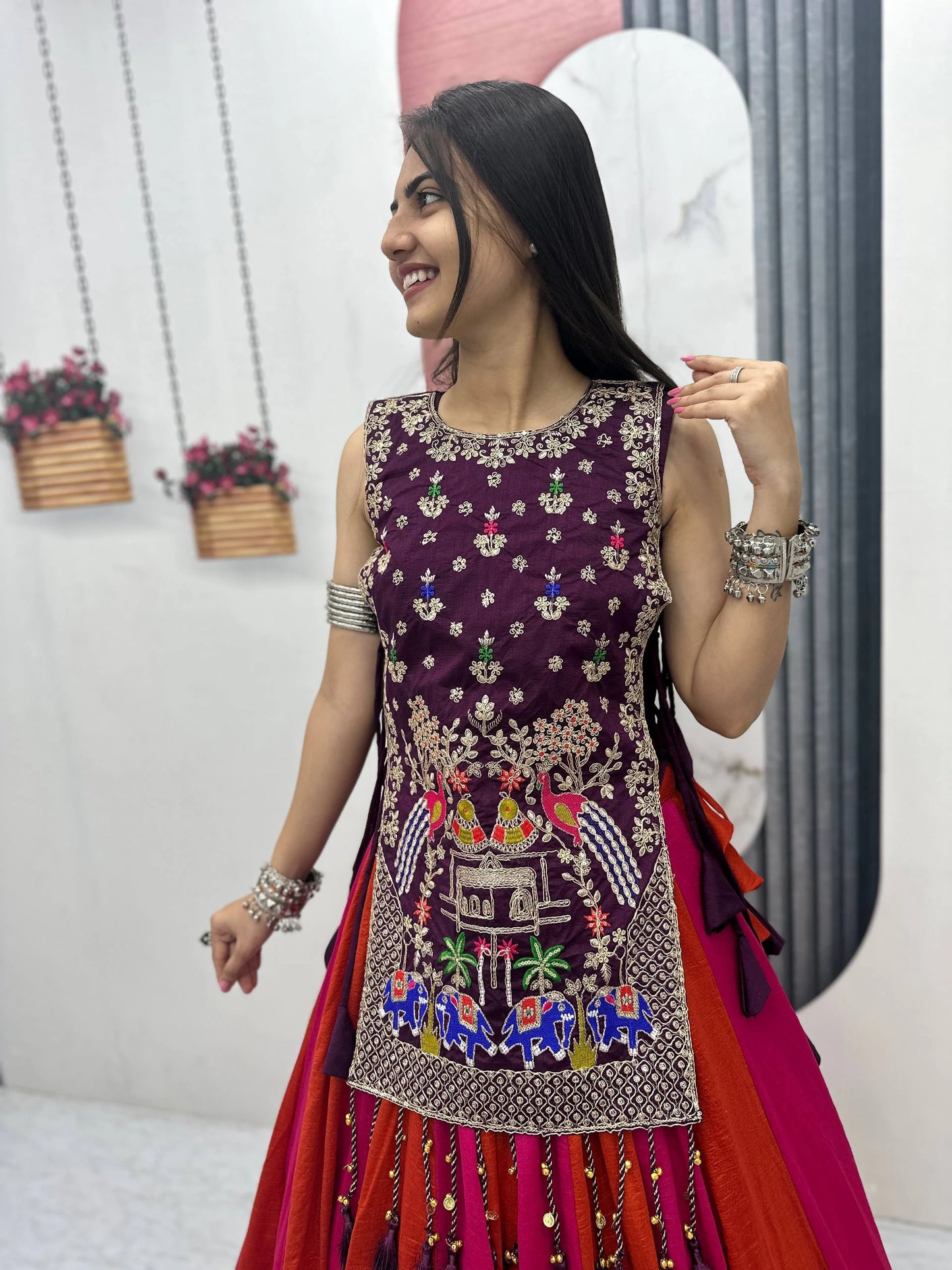 Fully Stitched Heavy Work Vichitra Silk Lehenga with Shrug for Navratri