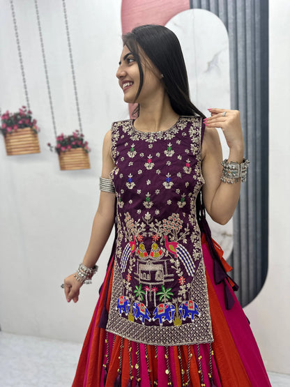Fully Stitched Heavy Work Vichitra Silk Lehenga with Shrug for Navratri