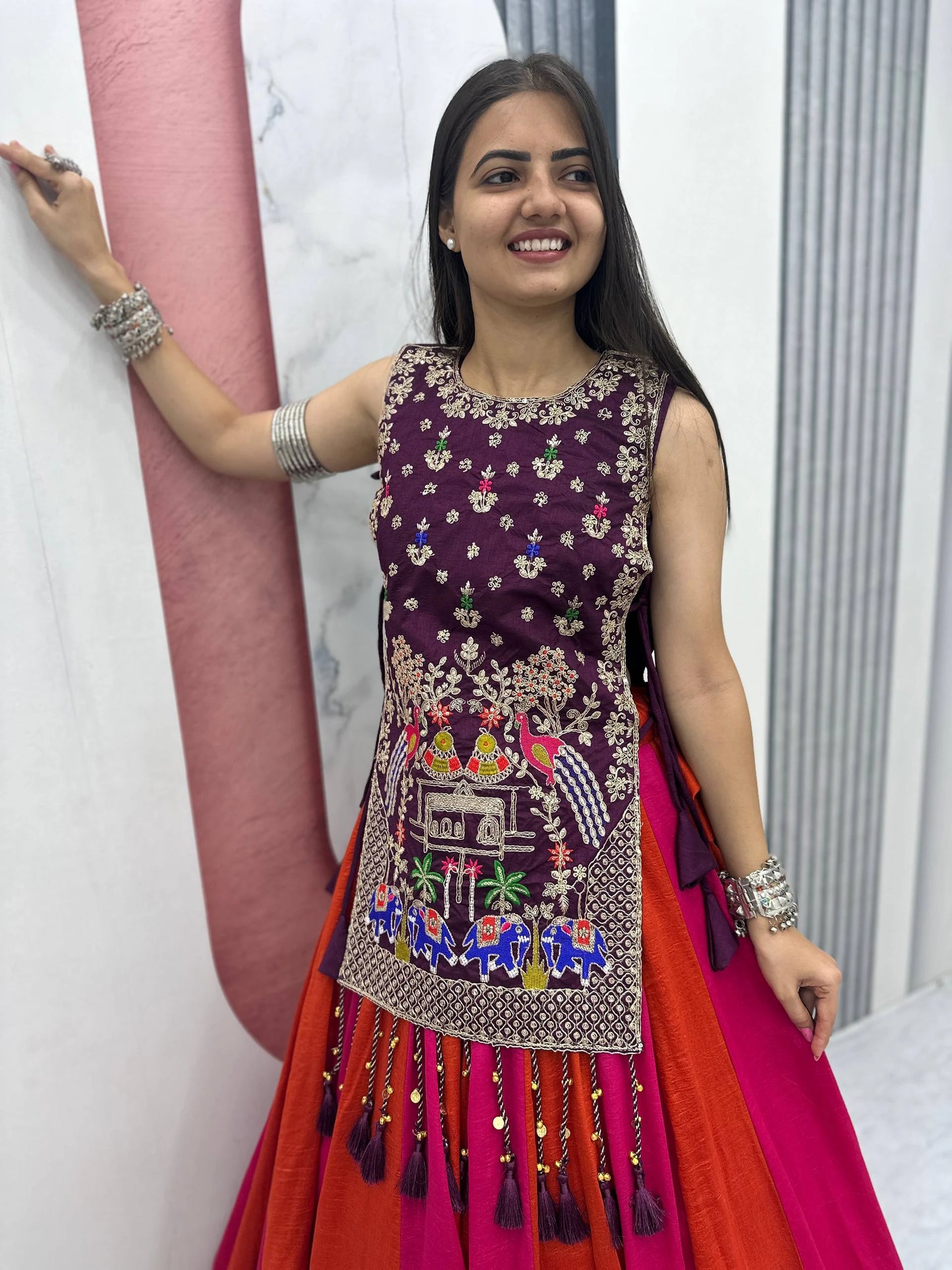 Fully Stitched Heavy Work Vichitra Silk Lehenga with Shrug for Navratri