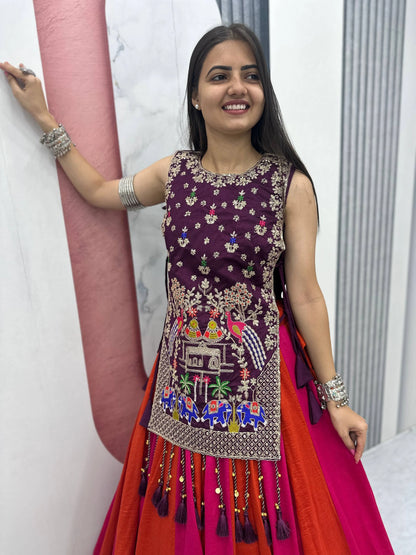 Fully Stitched Heavy Work Vichitra Silk Lehenga with Shrug for Navratri
