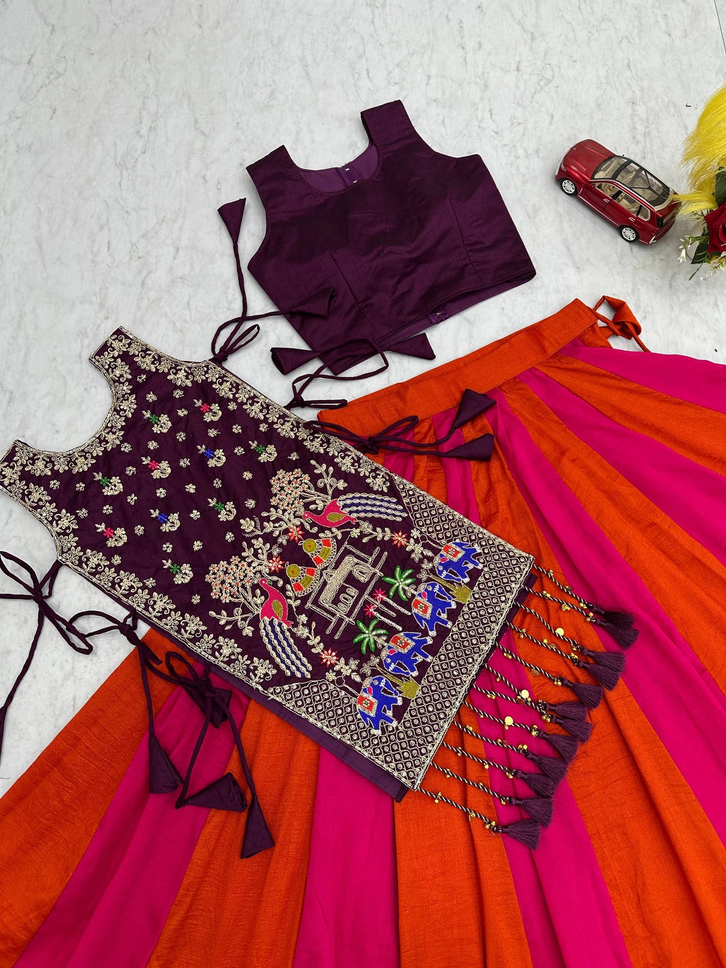 Fully Stitched Heavy Work Vichitra Silk Lehenga with Shrug for Navratri