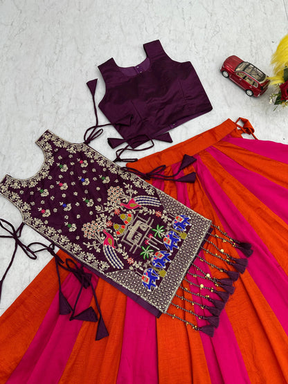 Fully Stitched Heavy Work Vichitra Silk Lehenga with Shrug for Navratri
