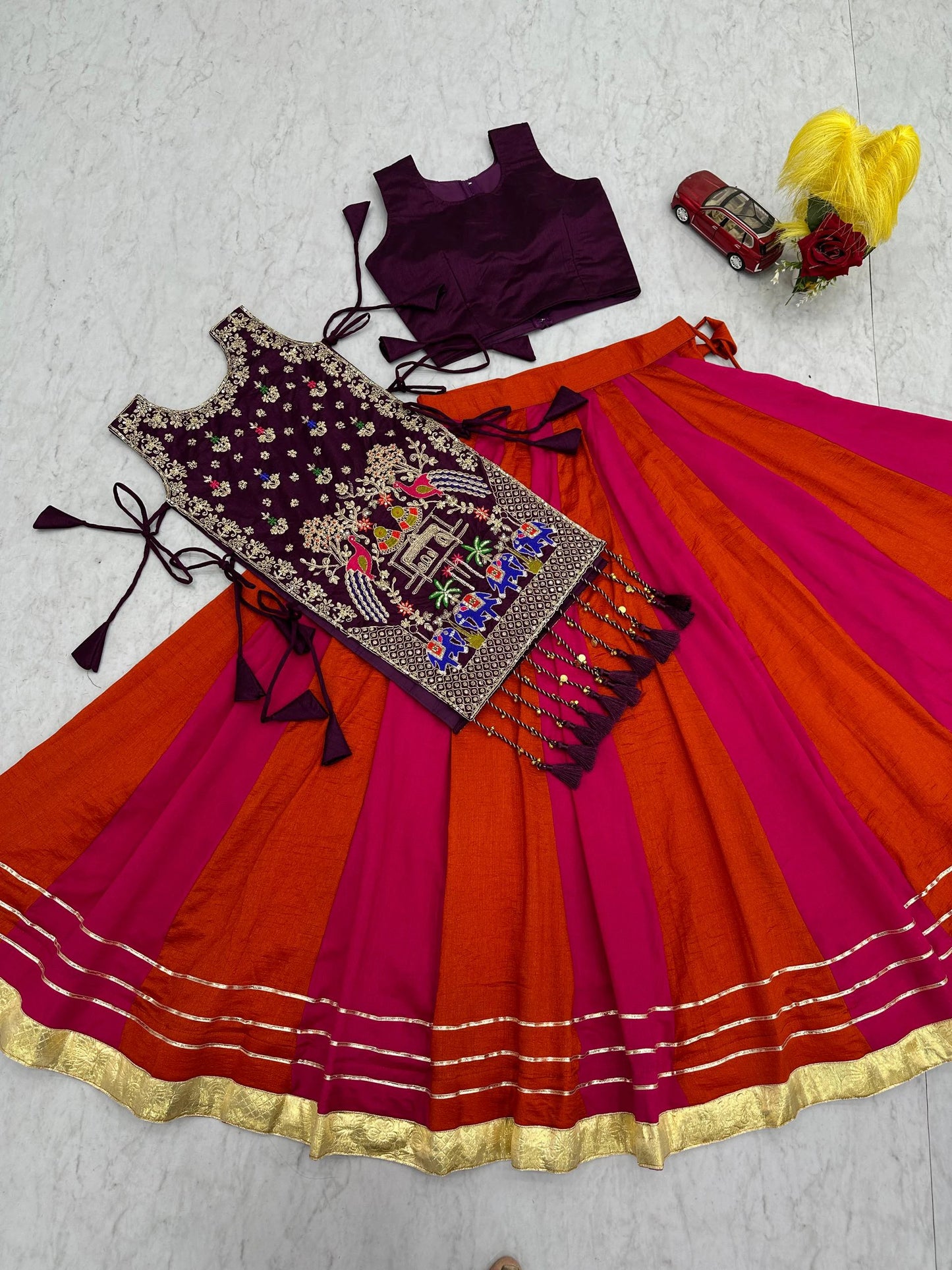 Fully Stitched Heavy Work Vichitra Silk Lehenga with Shrug for Navratri