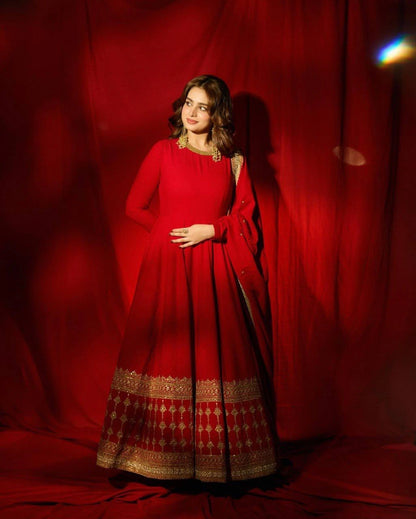 Red Vichitra Silk Gown Set with Thread and Sequin Work Elegant Festive Ethnic Wear