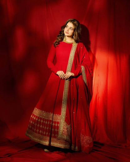 Red Vichitra Silk Gown Set with Thread and Sequin Work Elegant Festive Ethnic Wear