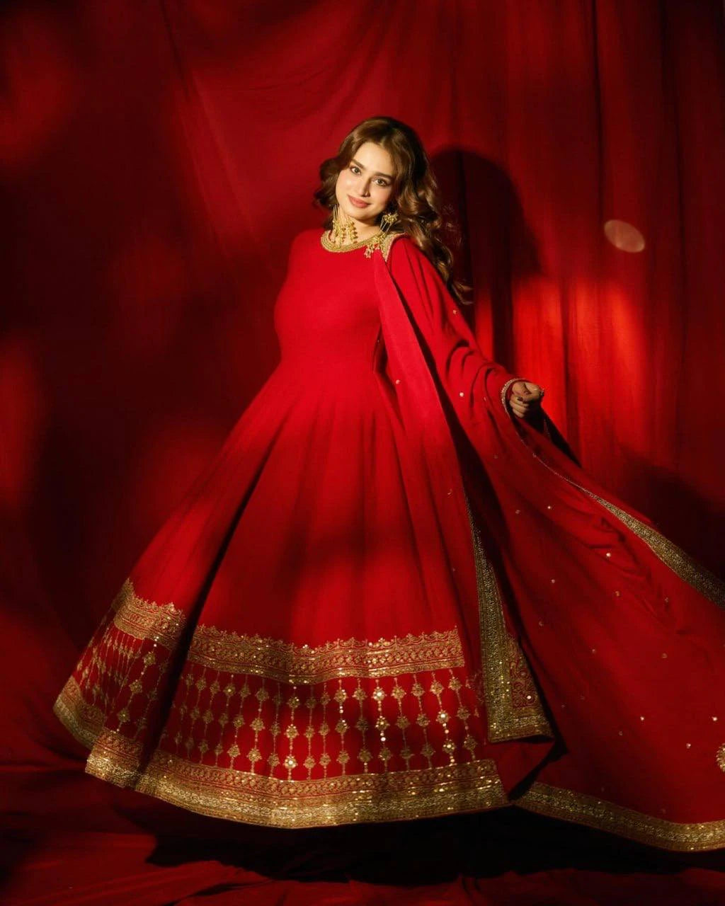 Red Vichitra Silk Gown Set with Thread and Sequin Work Elegant Festive Ethnic Wear
