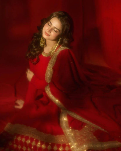 Red Vichitra Silk Gown Set with Thread and Sequin Work Elegant Festive Ethnic Wear