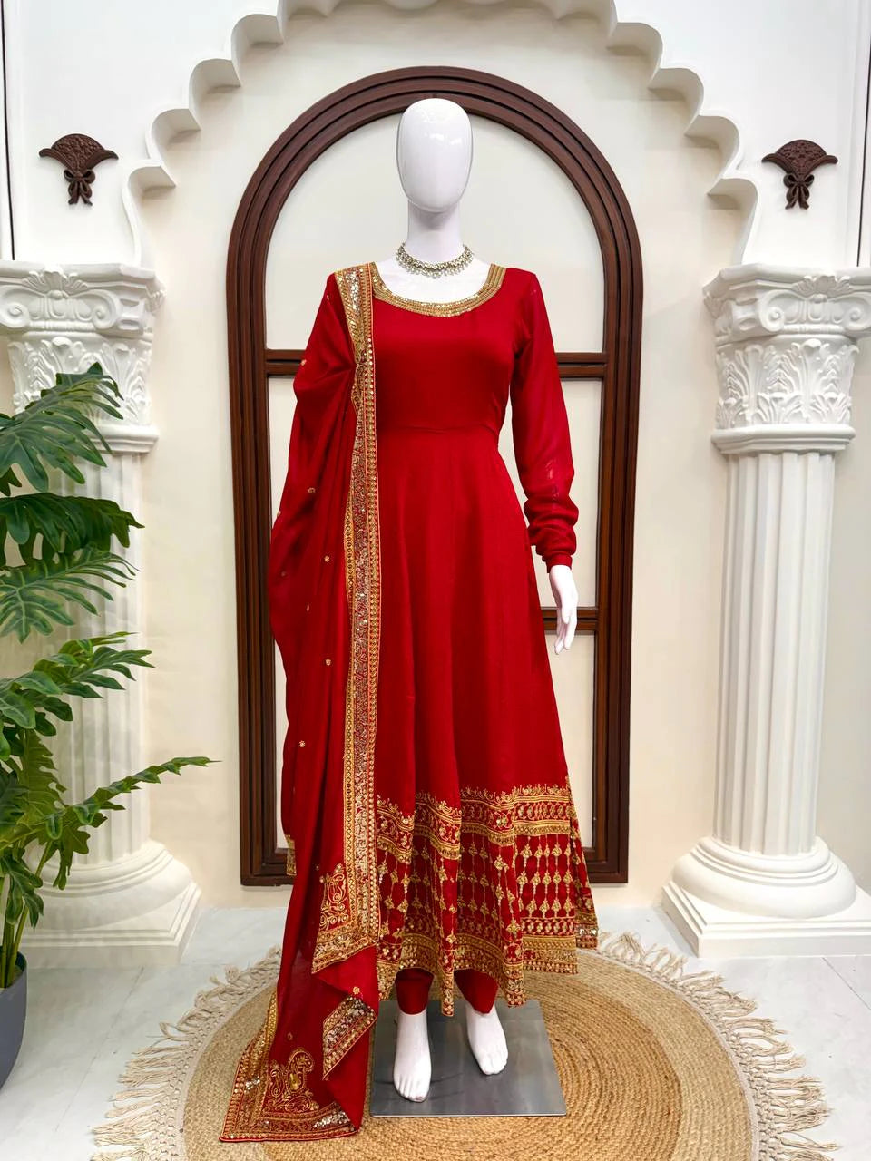 Red Vichitra Silk Gown Set with Thread and Sequin Work Elegant Festive Ethnic Wear