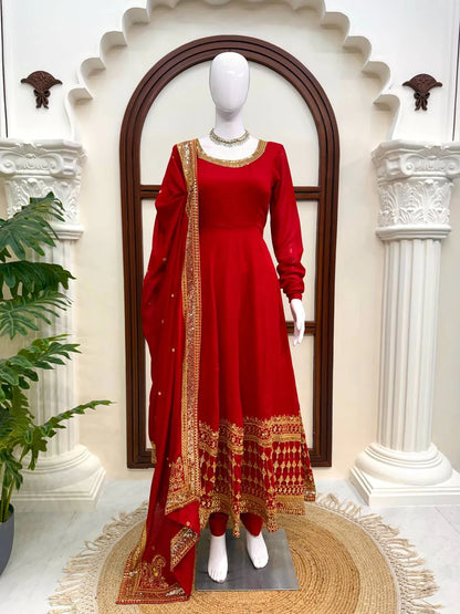 Red Vichitra Silk Gown Set with Thread and Sequin Work Elegant Festive Ethnic Wear