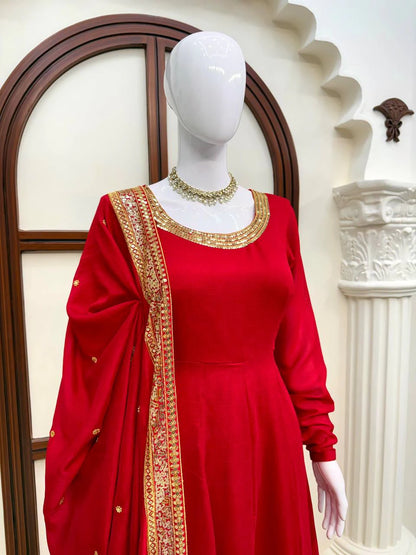 Red Vichitra Silk Gown Set with Thread and Sequin Work Elegant Festive Ethnic Wear