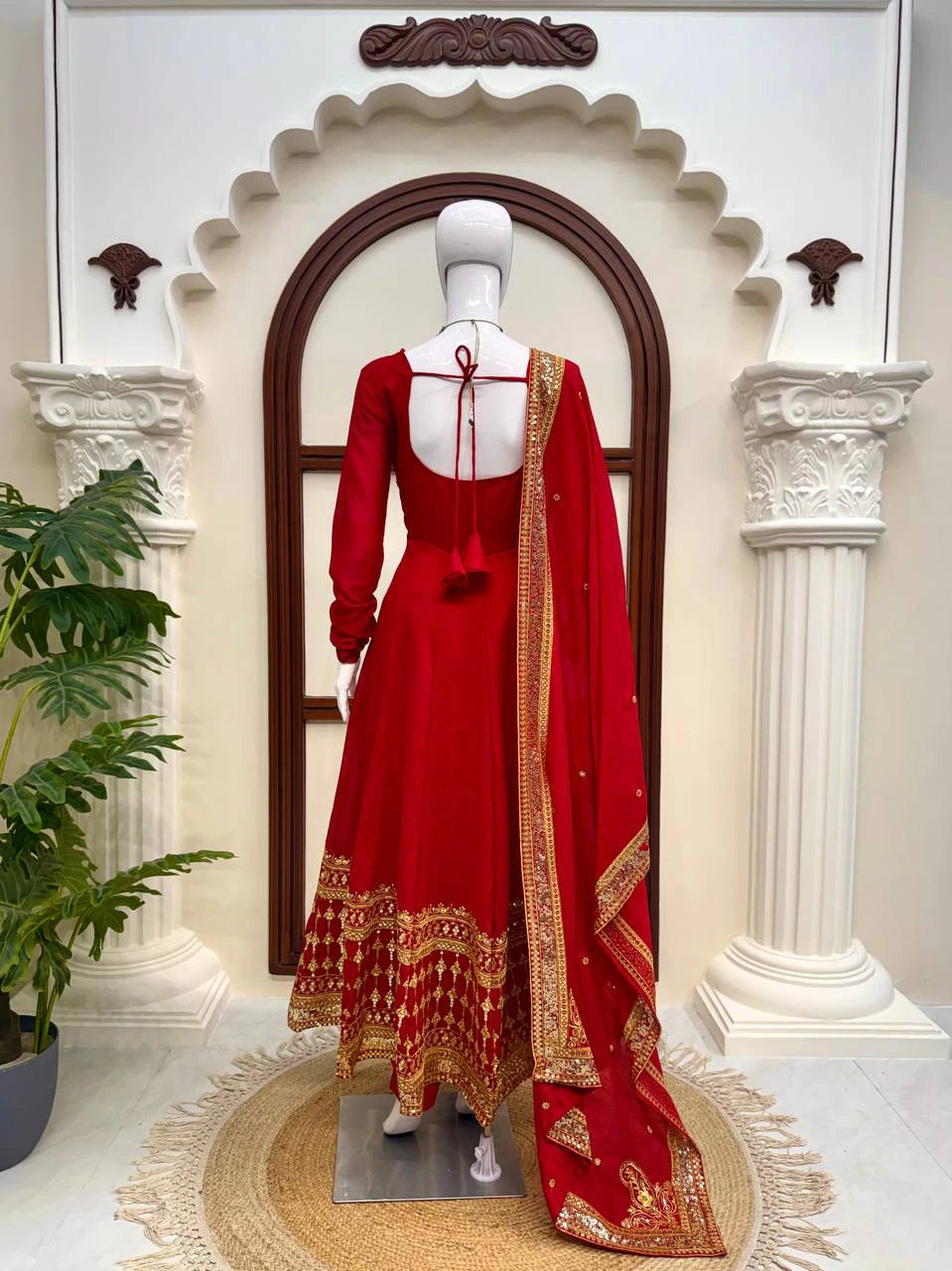 Red Vichitra Silk Gown Set with Thread and Sequin Work Elegant Festive Ethnic Wear
