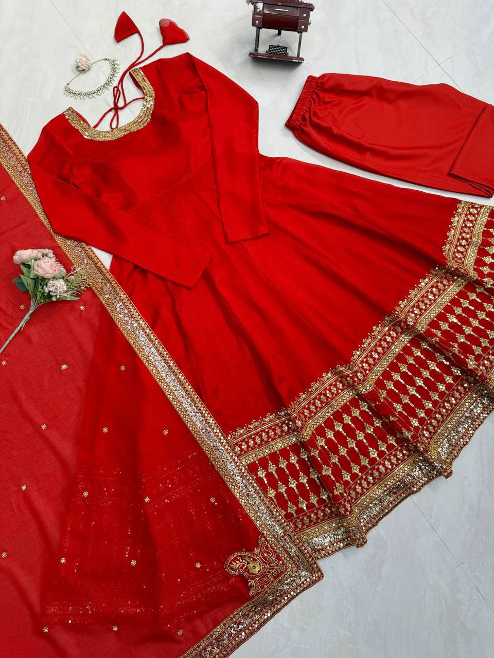 Red Vichitra Silk Gown Set with Thread and Sequin Work Elegant Festive Ethnic Wear