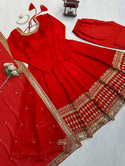 Red Vichitra Silk Gown Set with Thread and Sequin Work Elegant Festive Ethnic Wear