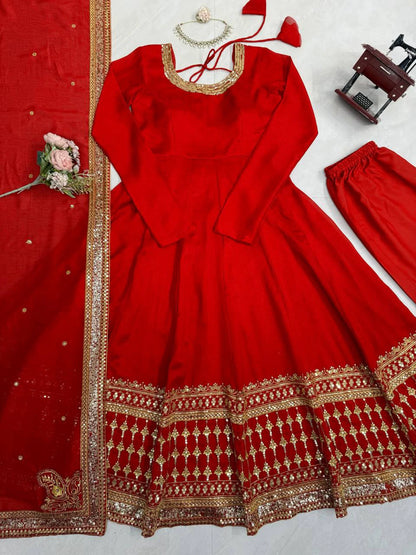 Red Vichitra Silk Gown Set with Thread and Sequin Work Elegant Festive Ethnic Wear