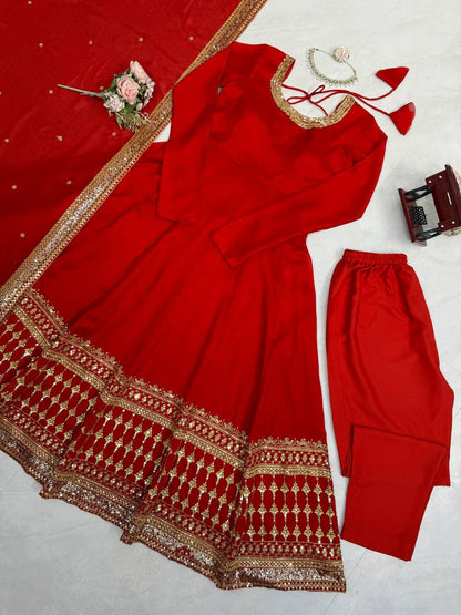 Red Vichitra Silk Gown Set with Thread and Sequin Work Elegant Festive Ethnic Wear