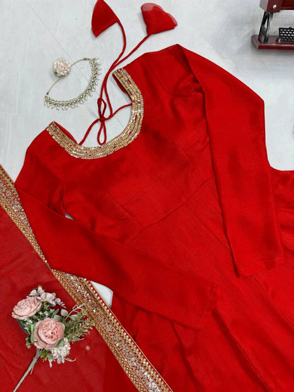 Red Vichitra Silk Gown Set with Thread and Sequin Work Elegant Festive Ethnic Wear