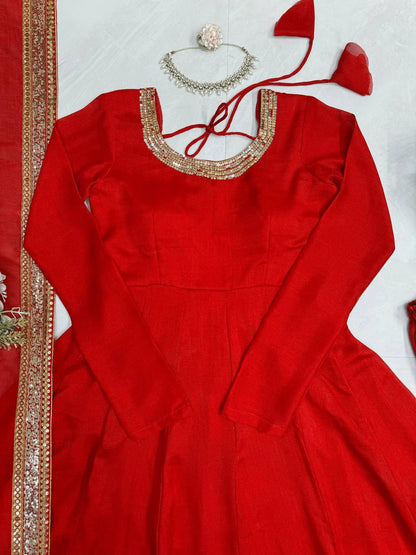 Red Vichitra Silk Gown Set with Thread and Sequin Work Elegant Festive Ethnic Wear
