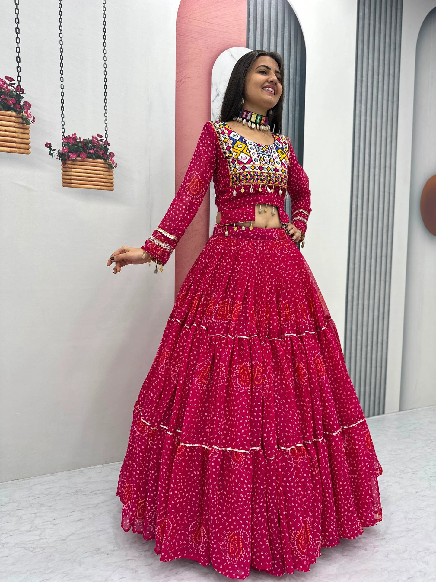 Designer Faux Georgette Pink Navratri Lehenga Choli with Codi Work for Women with Heavy Flare