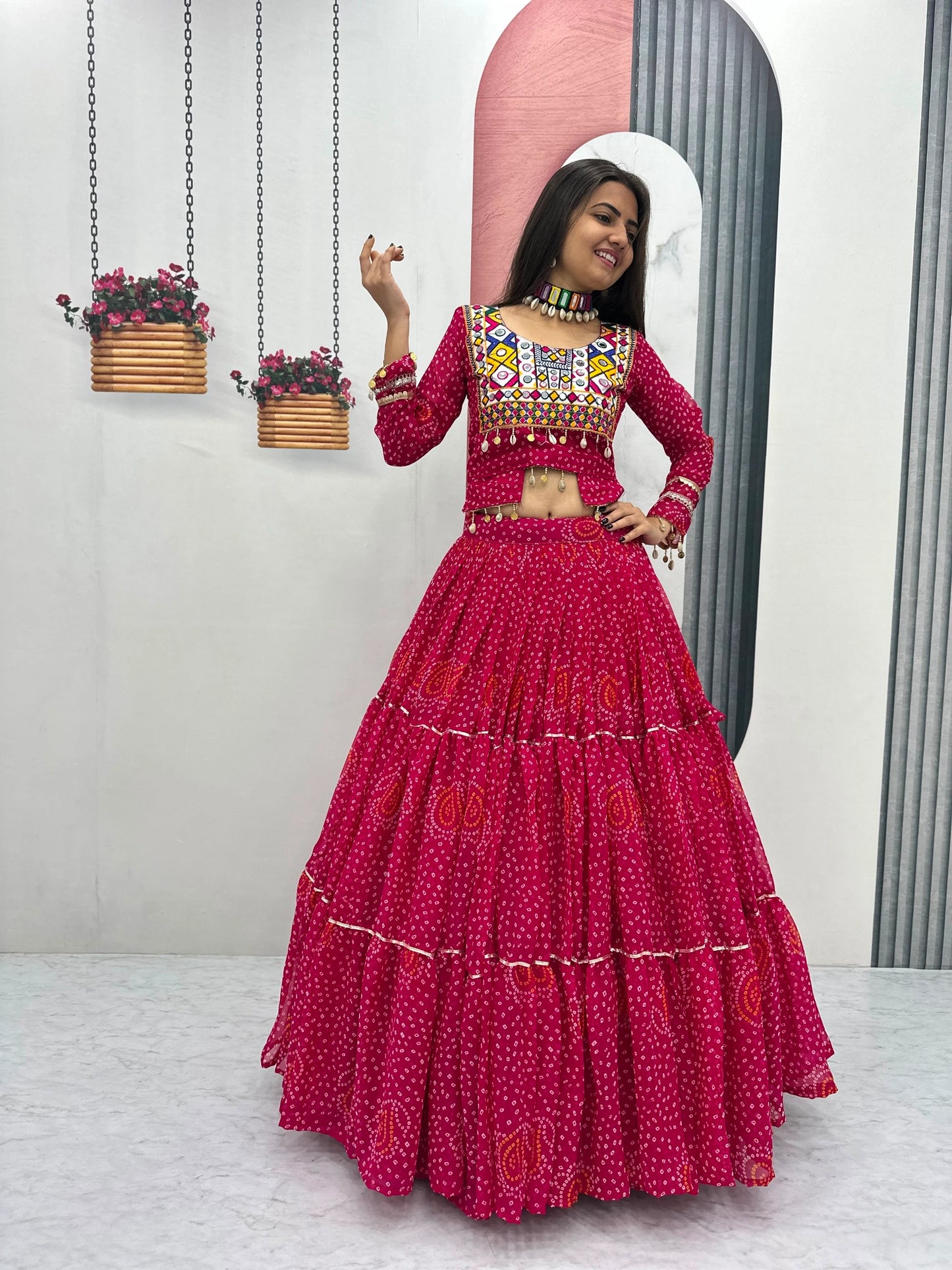 Designer Faux Georgette Pink Navratri Lehenga Choli with Codi Work for Women with Heavy Flare