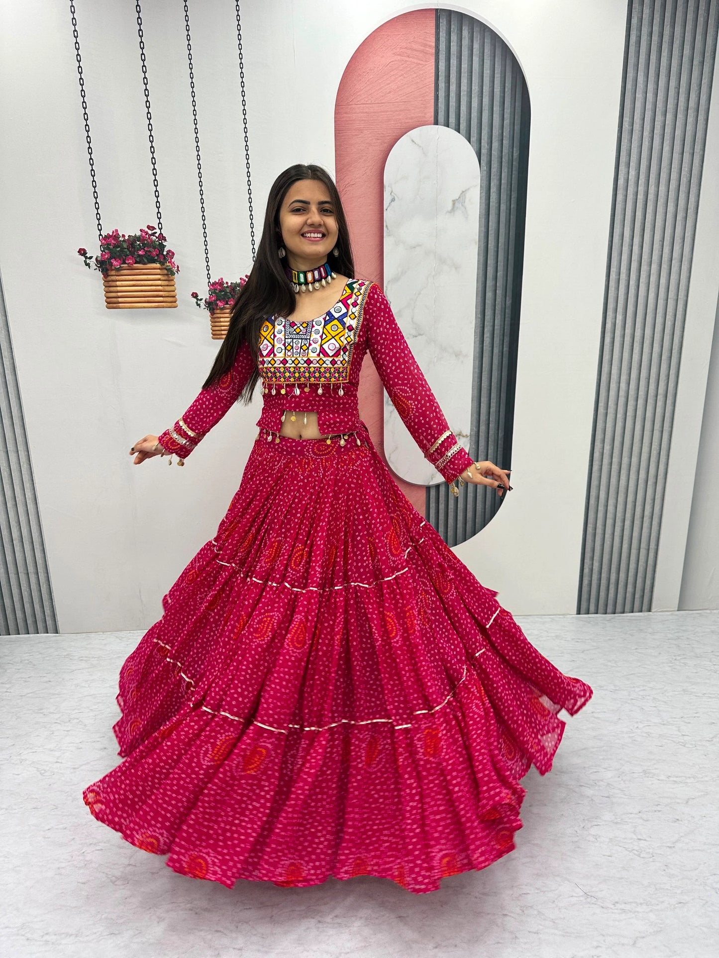 Designer Faux Georgette Pink Navratri Lehenga Choli with Codi Work for Women with Heavy Flare