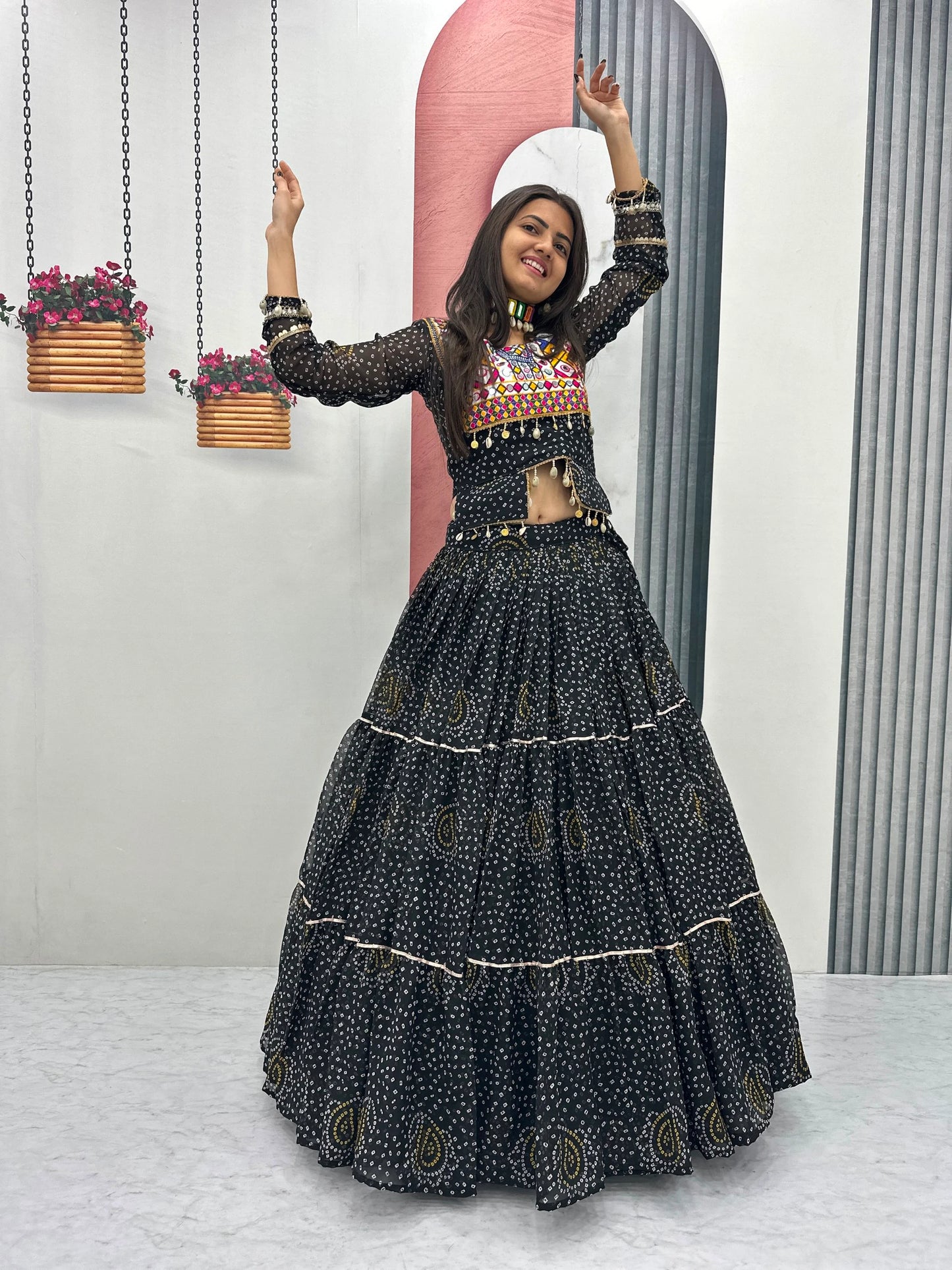 Women's Black Navratri Lehenga Choli with 9 Meter Flair & Embroidered Blouse
