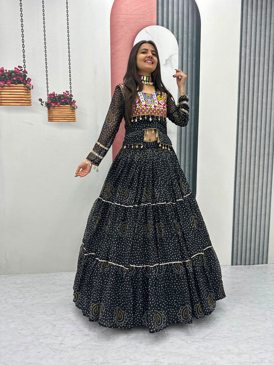 Women's Black Navratri Lehenga Choli with 9 Meter Flair & Embroidered Blouse