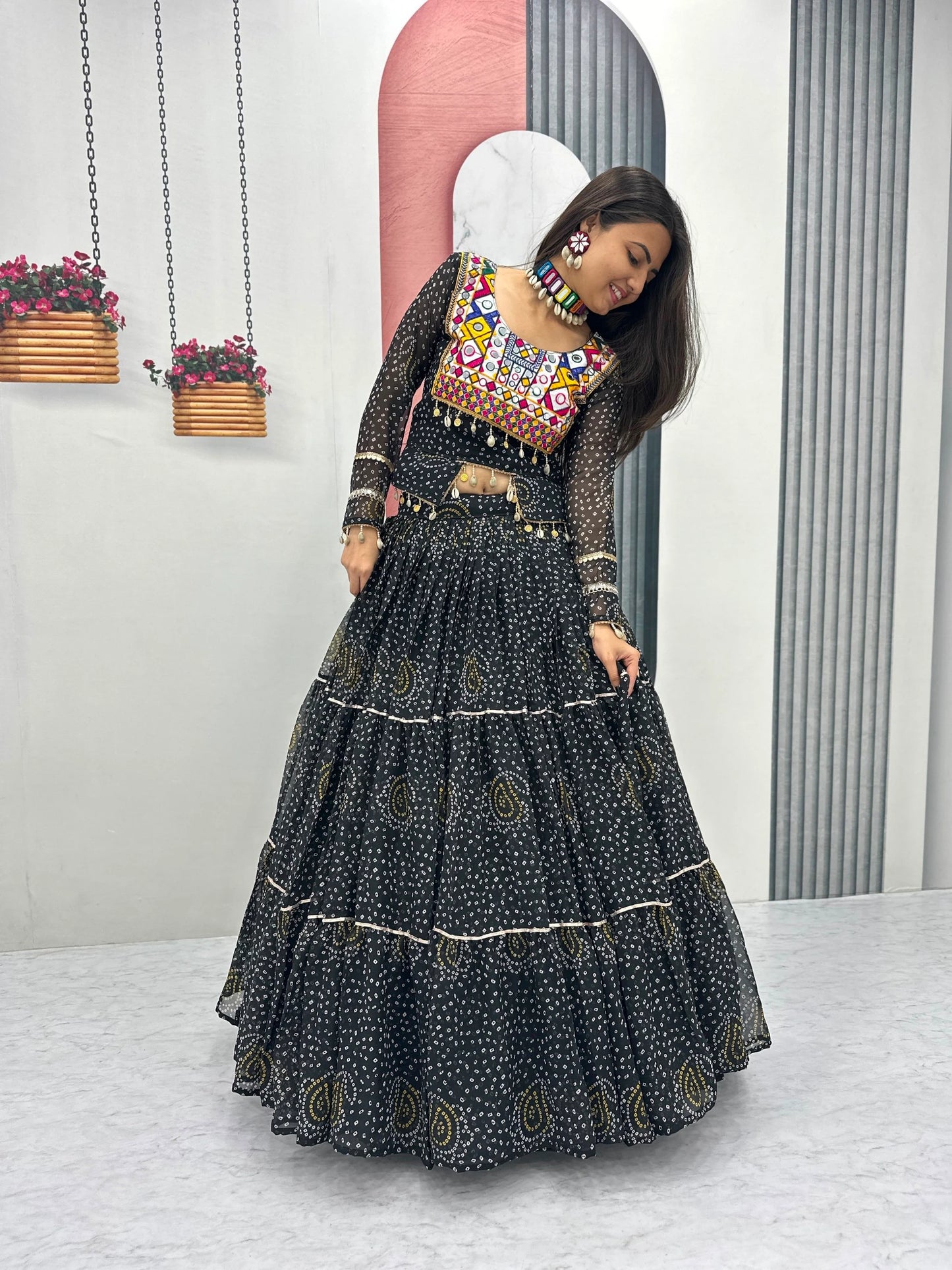 Women's Black Navratri Lehenga Choli with 9 Meter Flair & Embroidered Blouse