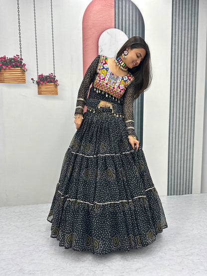Women's Black Navratri Lehenga Choli with 9 Meter Flair & Embroidered Blouse