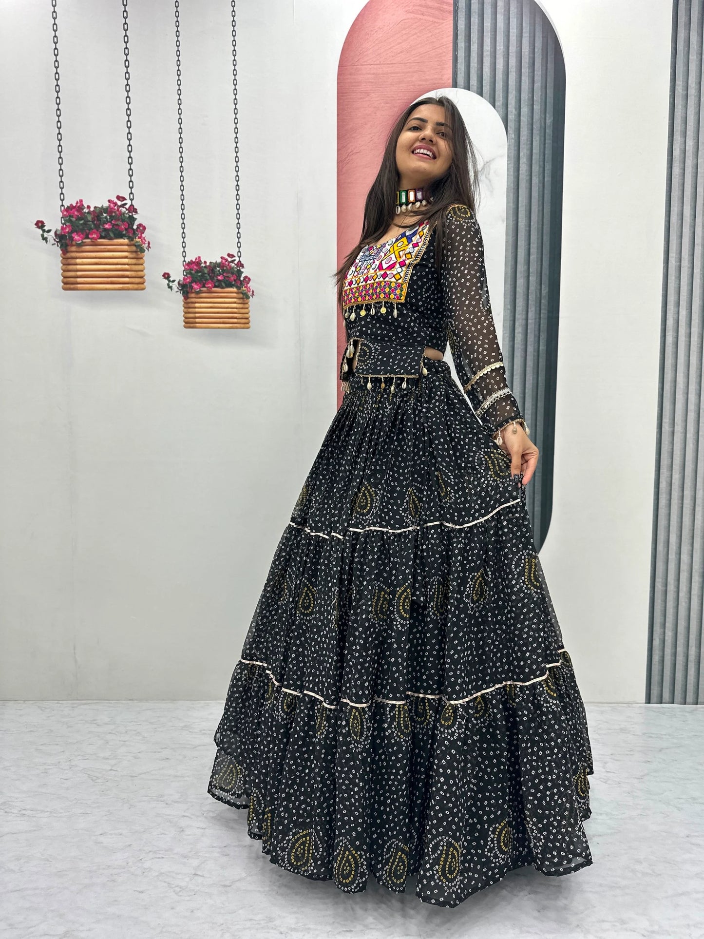 Women's Black Navratri Lehenga Choli with 9 Meter Flair & Embroidered Blouse