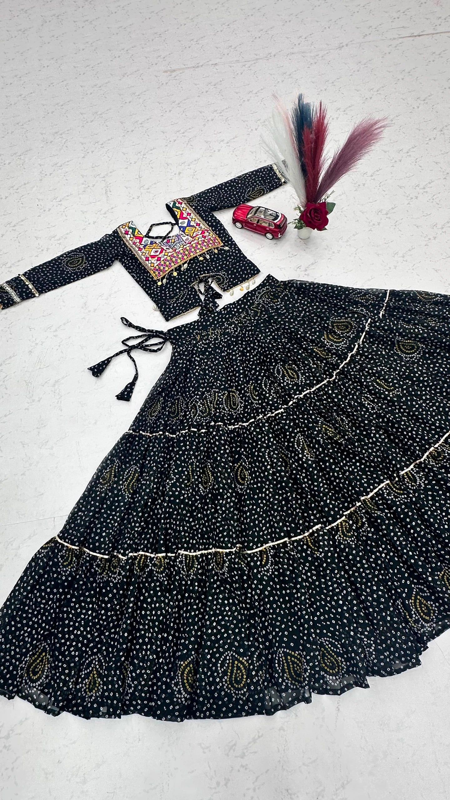 Women's Black Navratri Lehenga Choli with 9 Meter Flair & Embroidered Blouse