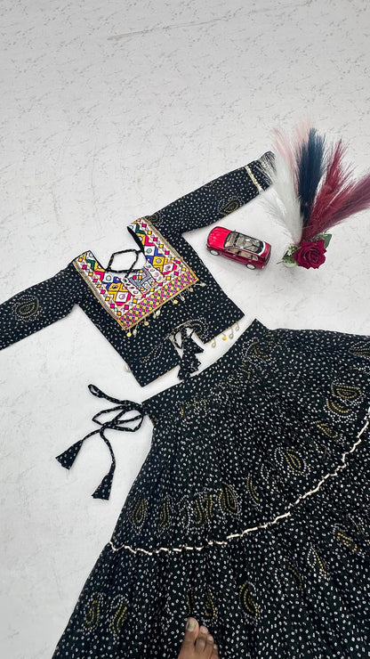 Women's Black Navratri Lehenga Choli with 9 Meter Flair & Embroidered Blouse