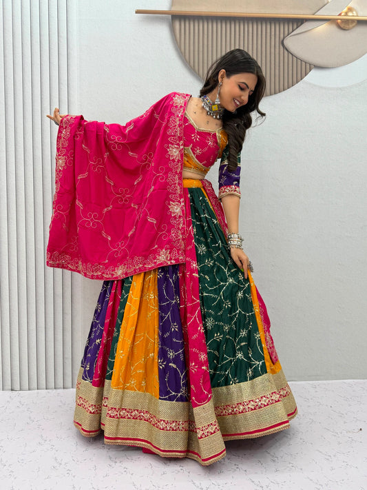Women's Navratri Special Multicolor Lehenga Choli with 6 Meter Flair & Embroidered Dupatta