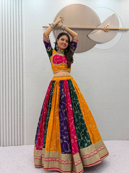 Women's Navratri Special Multicolor Lehenga Choli with 6 Meter Flair & Embroidered Dupatta