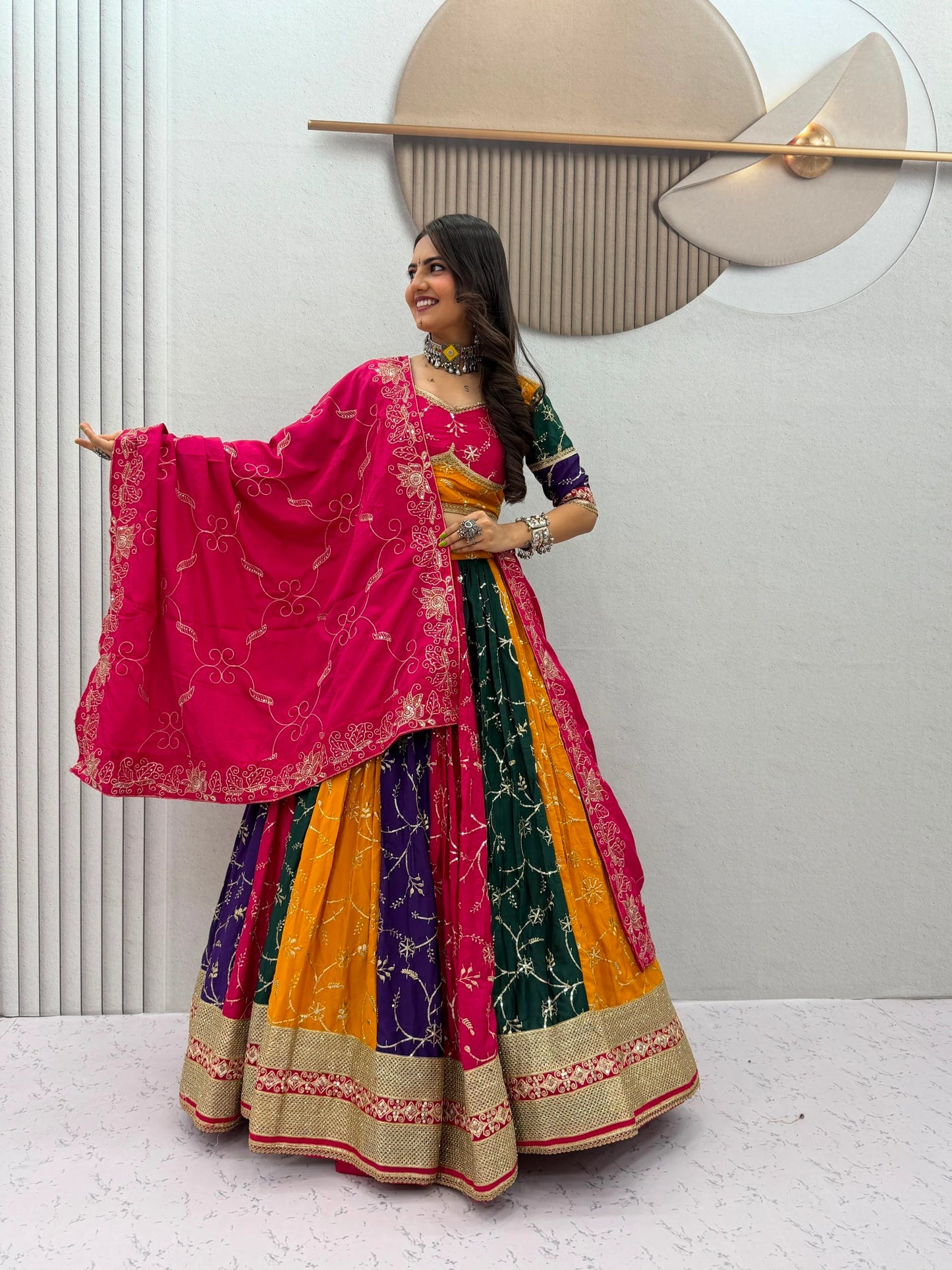 Women's Navratri Special Multicolor Lehenga Choli with 6 Meter Flair & Embroidered Dupatta