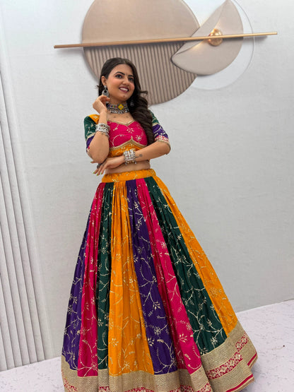 Women's Navratri Special Multicolor Lehenga Choli with 6 Meter Flair & Embroidered Dupatta