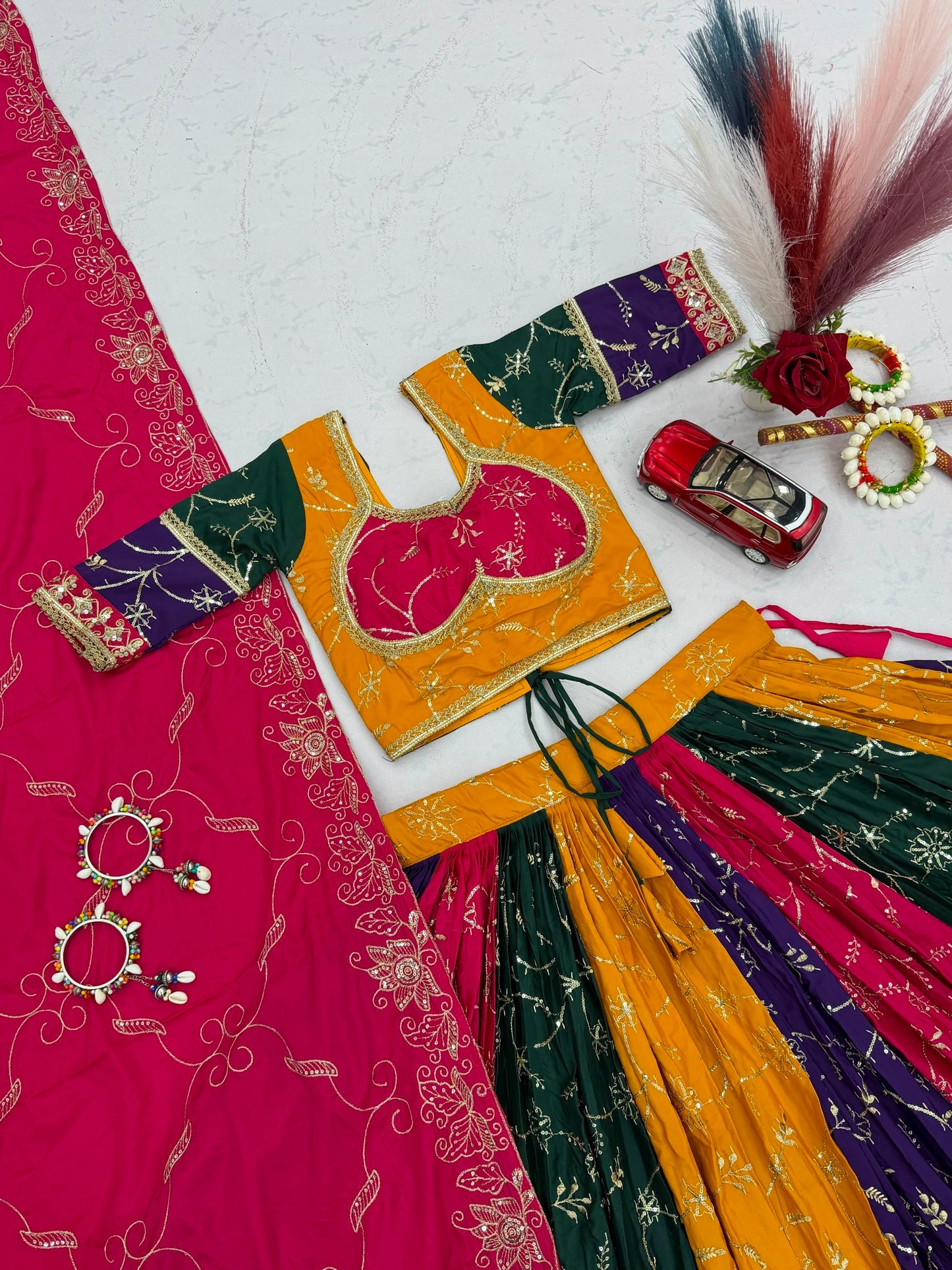 Women's Navratri Special Multicolor Lehenga Choli with 6 Meter Flair & Embroidered Dupatta