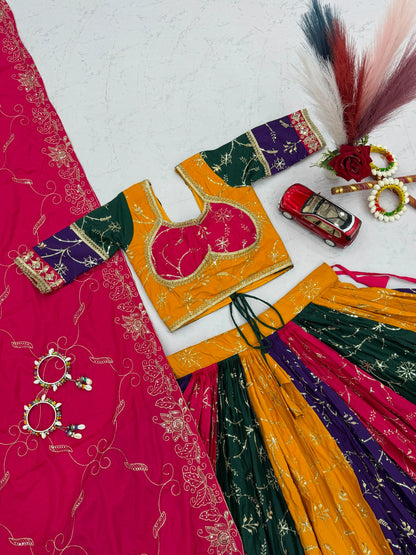 Women's Navratri Special Multicolor Lehenga Choli with 6 Meter Flair & Embroidered Dupatta