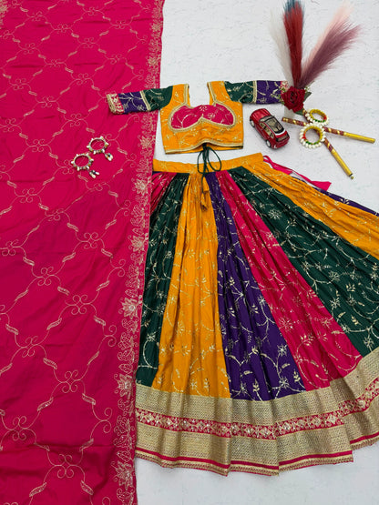 Women's Navratri Special Multicolor Lehenga Choli with 6 Meter Flair & Embroidered Dupatta