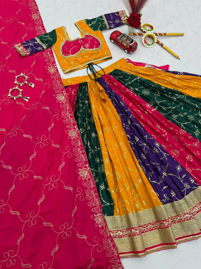 Women's Navratri Special Multicolor Lehenga Choli with 6 Meter Flair & Embroidered Dupatta
