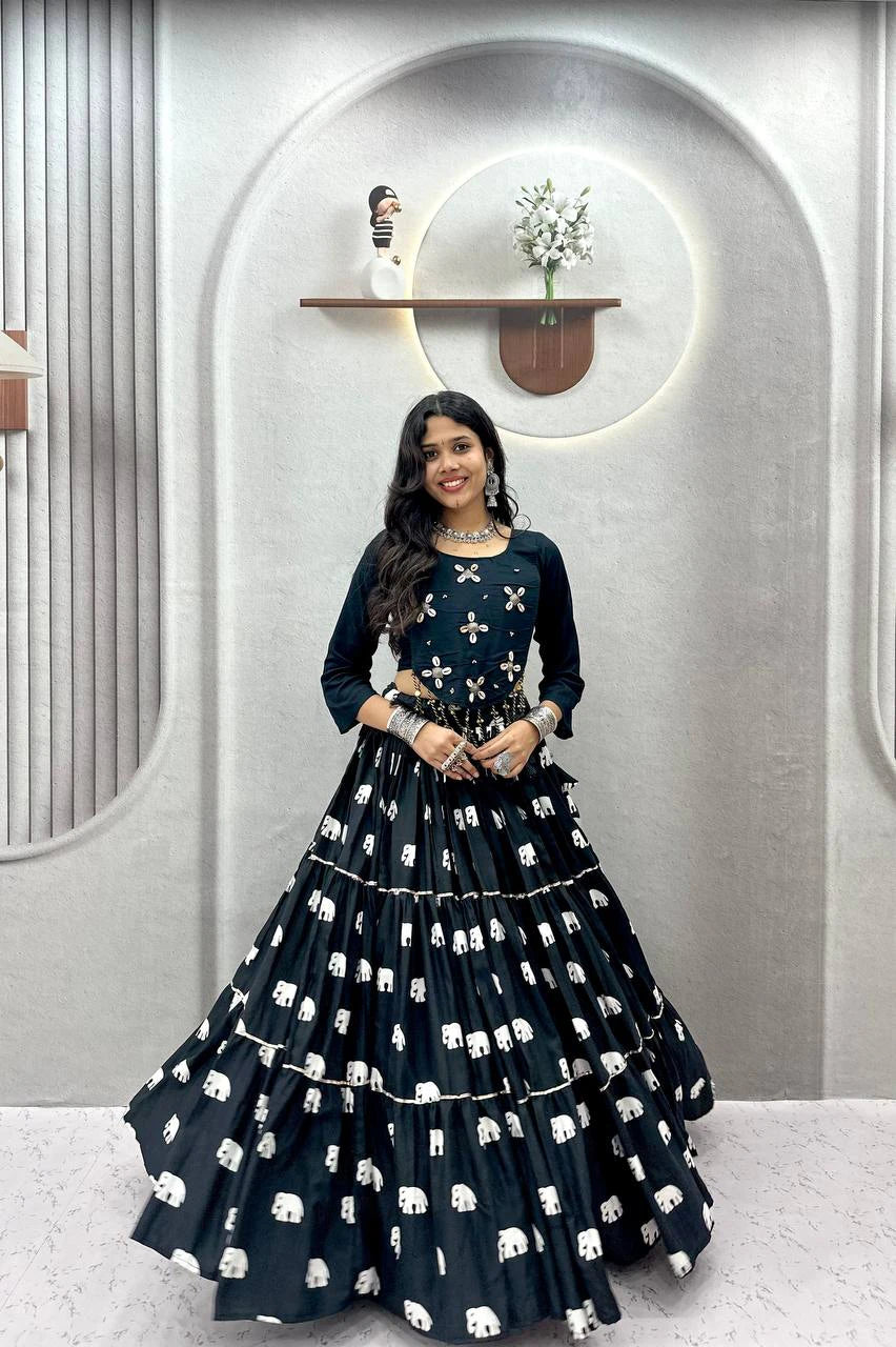 Black Pure Cotton Chaniya Choli with Hand Work Top and 9 Meter Flair Lehenga