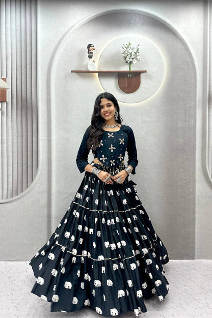 Black Pure Cotton Chaniya Choli with Hand Work Top and 9 Meter Flair Lehenga