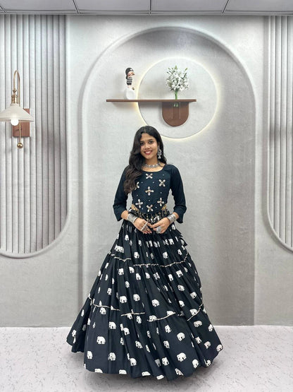 Black Pure Cotton Chaniya Choli with Hand Work Top and 9 Meter Flair Lehenga